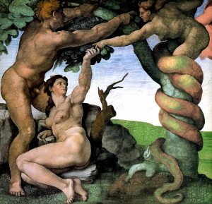 Adam and Eve giving into temptation